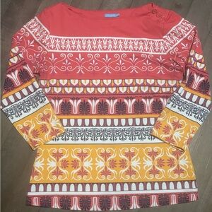 J. McLaughlin Catalina Cloth Button Shoulder Top Geo Tile Print Coral